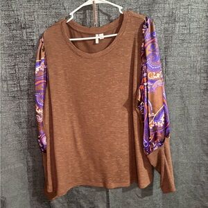 Cato Brown Top with Purple Paisley Sleeves